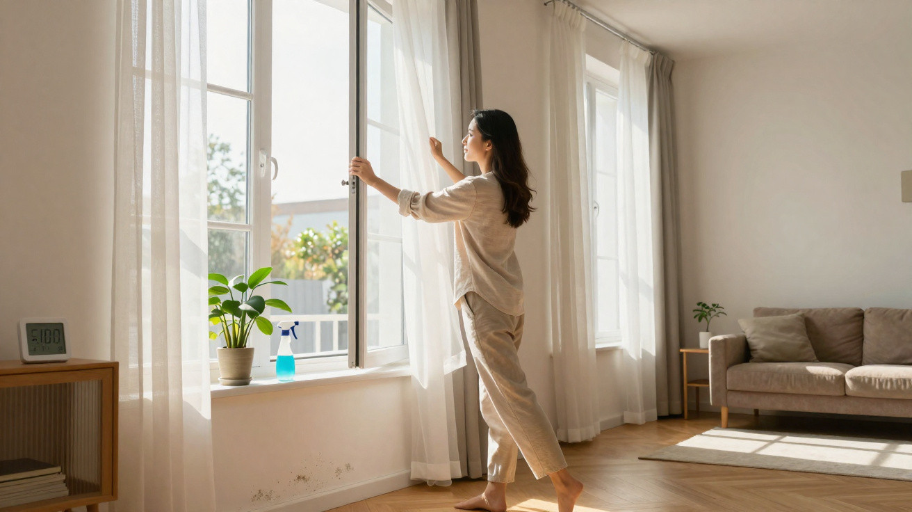 Woman opening a window in a bright, minimally furnished living room with sheer curtains and sunlight.