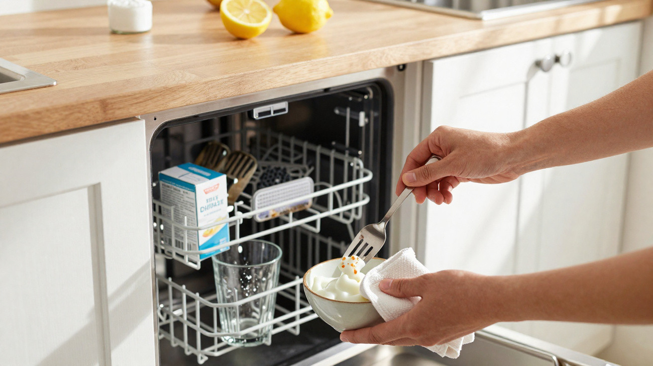 Person holding a bowl of yogurt with a fork and cloth near an open dishwasher in a kitchen.