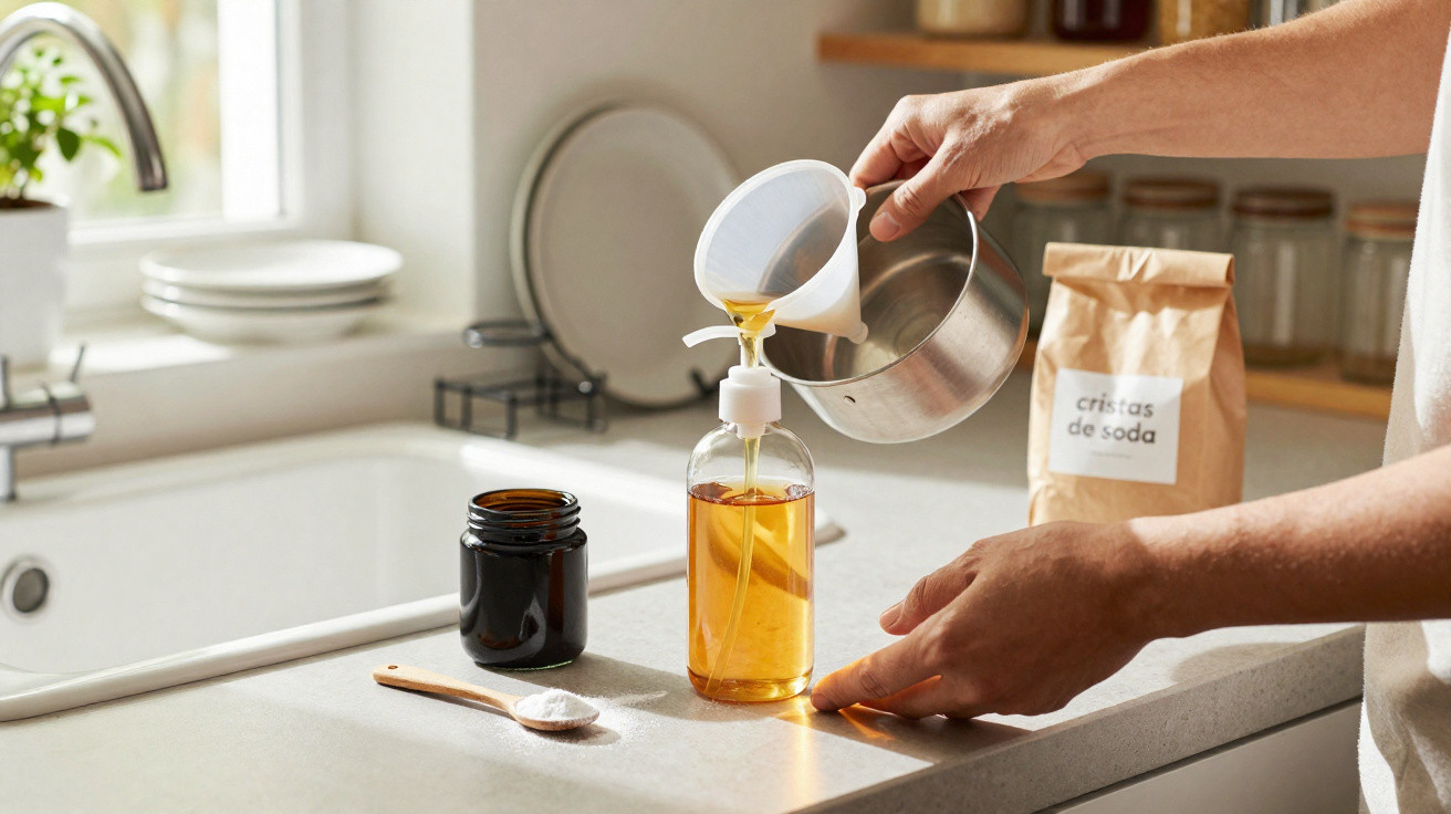 Person pouring liquid soap into a clear pump bottle on a kitchen counter with soda crystals nearby.