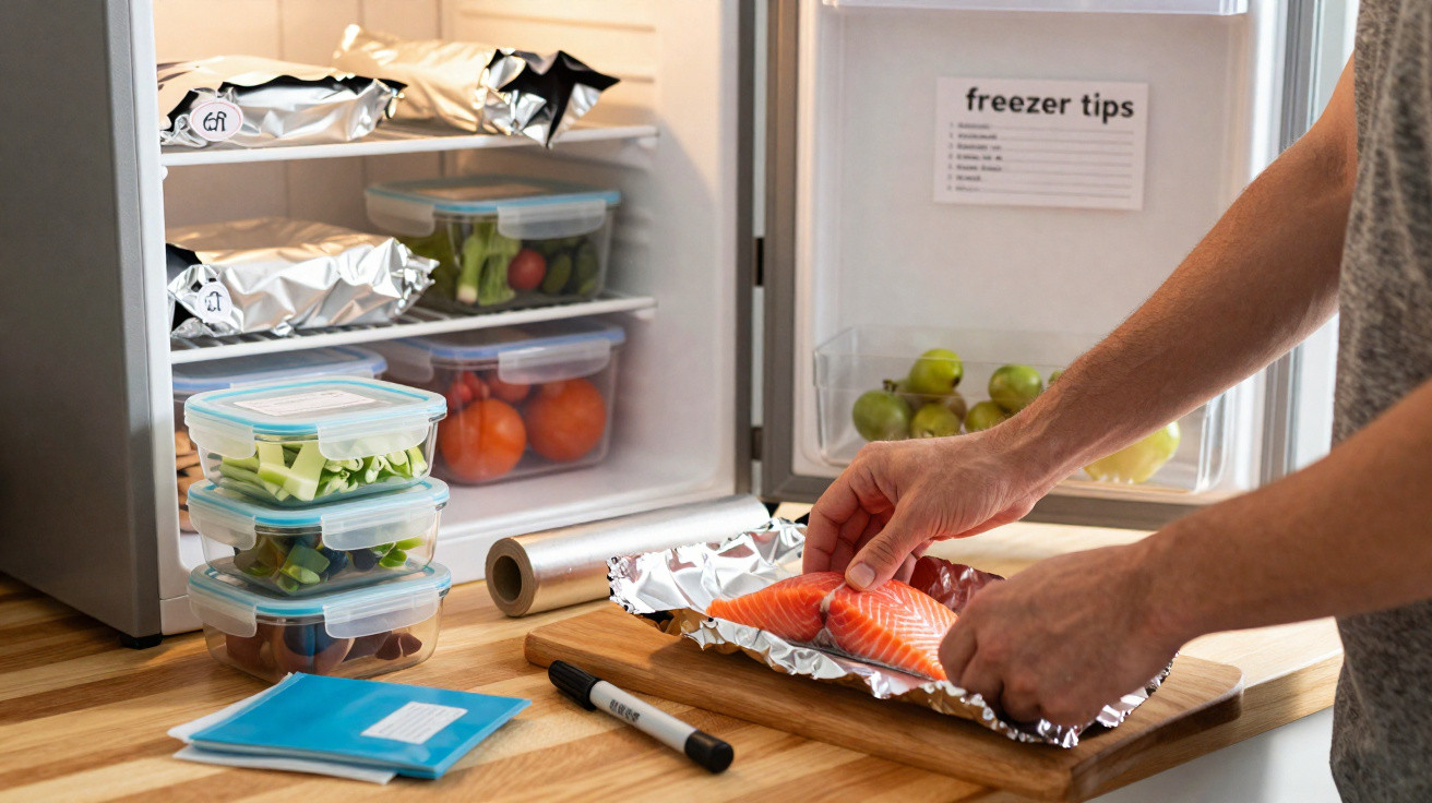 Hands wrapping a salmon fillet in foil on a kitchen counter next to a fridge with containers of food inside.