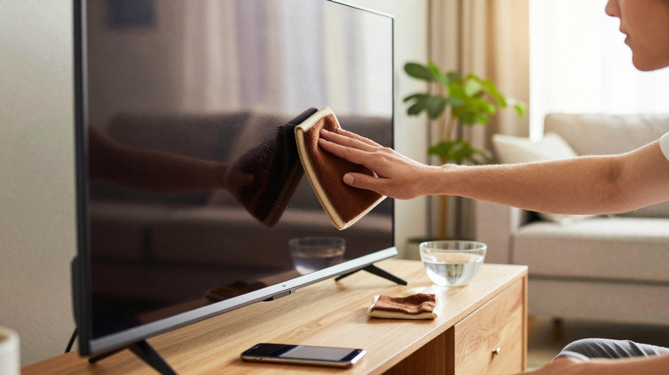 Person cleaning a flat-screen TV with a cloth in a bright living room near a sofa and smartphone.