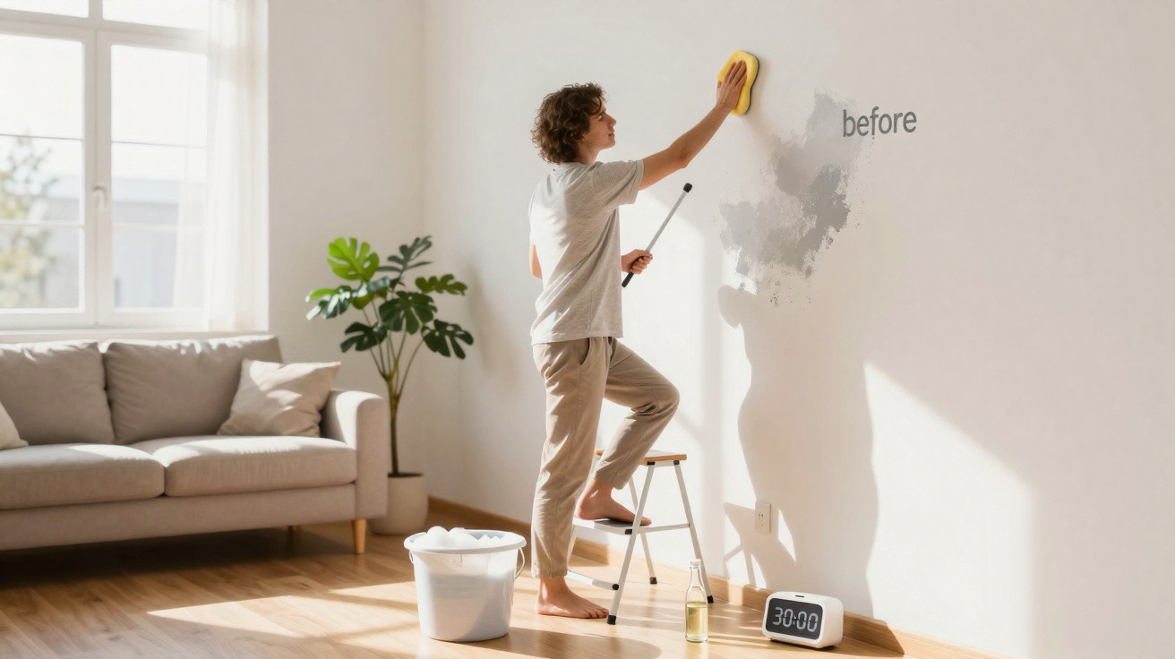 Person standing on a step ladder cleaning a wall patch labelled "before" in a bright living room.