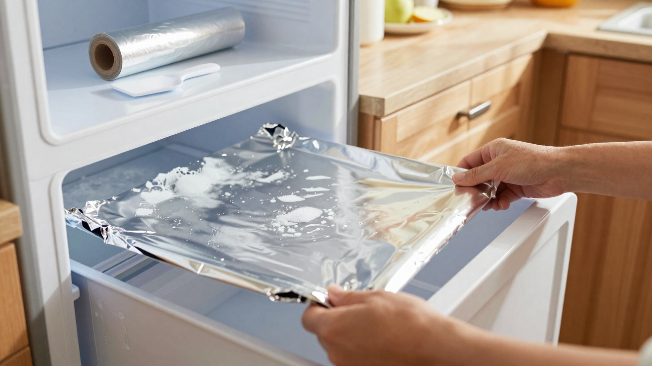 Hands placing a foil-covered tray with water inside a freezer drawer in a modern kitchen.