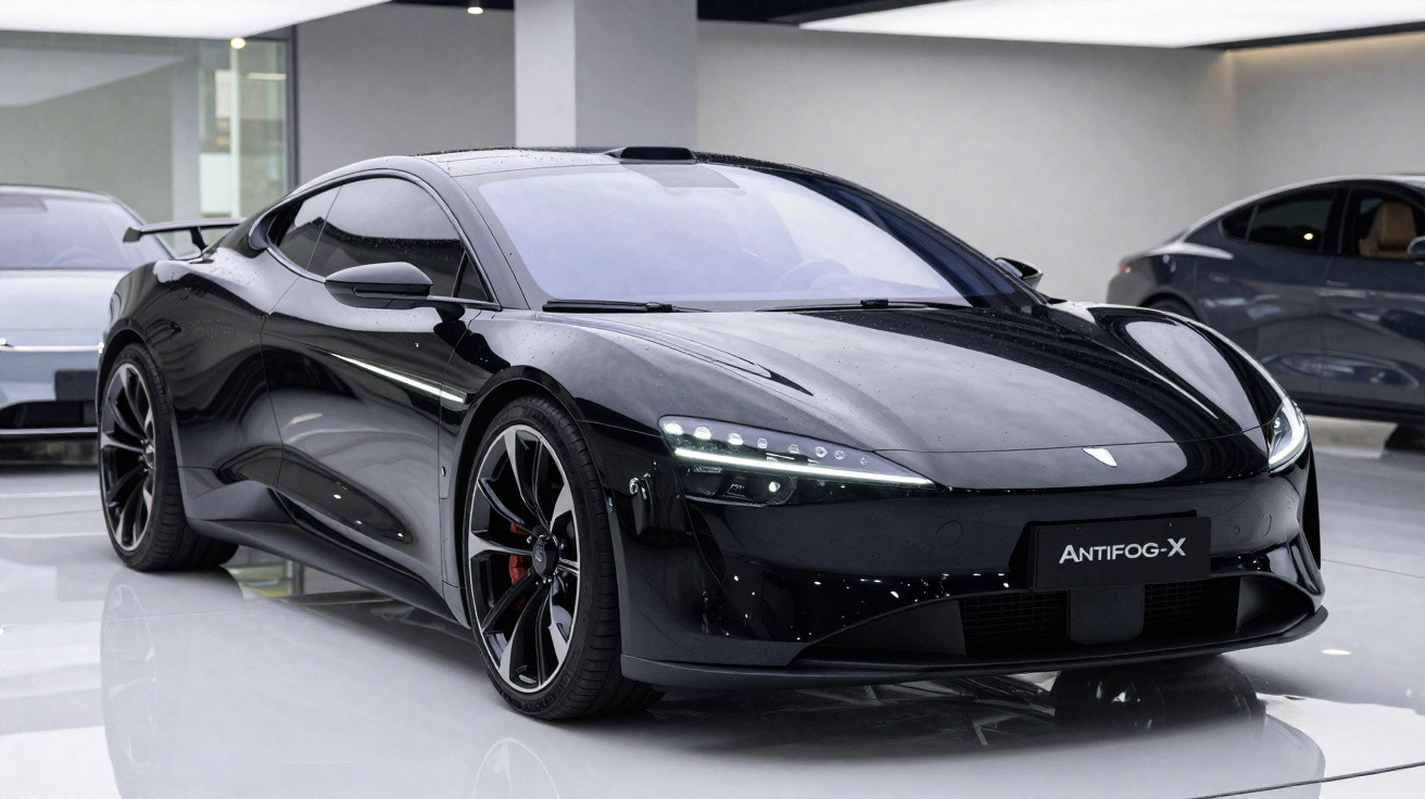Black Antifog-X sleek electric sports car displayed in a modern, well-lit showroom with glossy floor reflections.