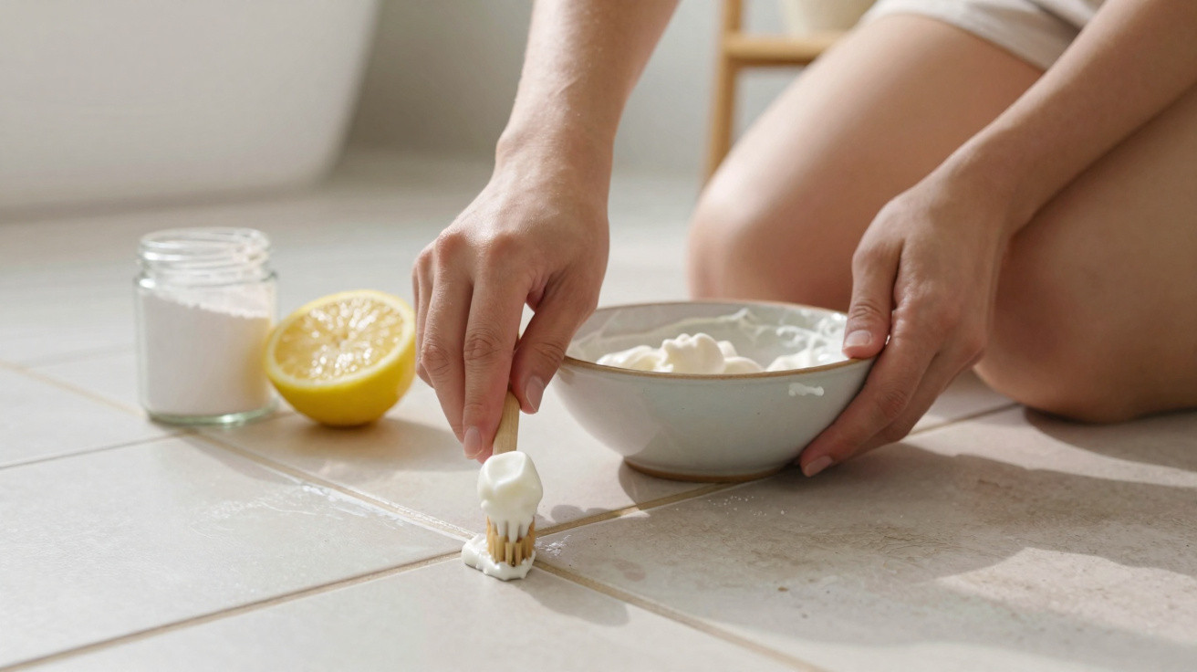 Person applying a homemade cleaning paste to bathroom tile grout using a small brush.