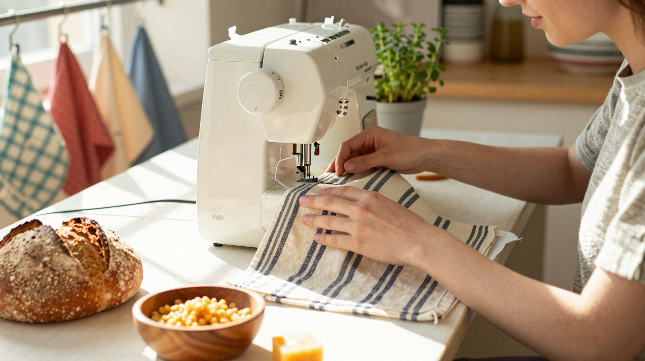 Person sewing striped fabric on white sewing machine on kitchen table with bread and bowl nearby