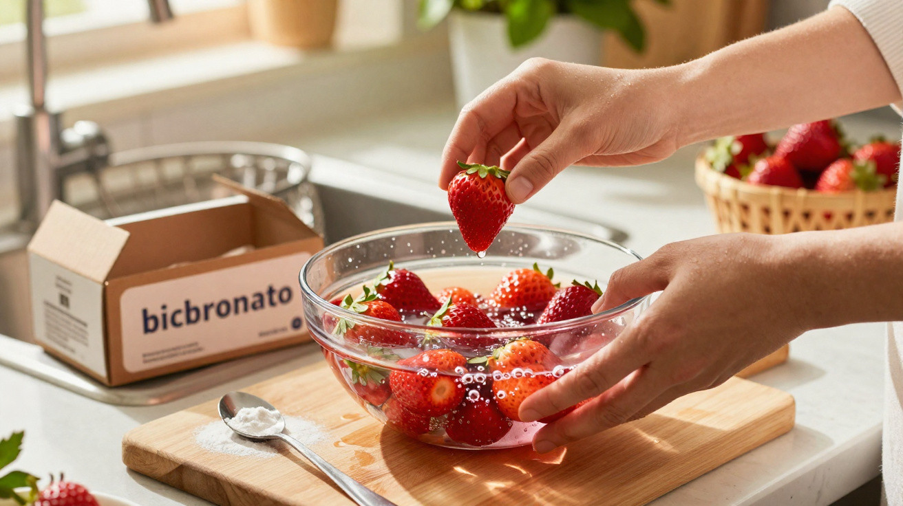 Hands washing strawberries in a clear bowl with bicarbonate powder on a spoon and box nearby.