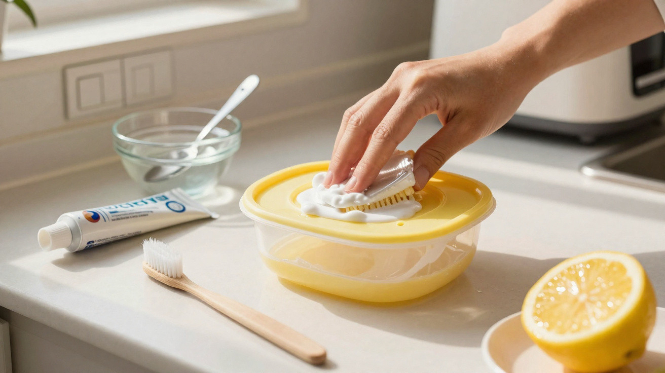 Hand scrubbing a yellow container lid with a brush and toothpaste on a kitchen counter with a halved lemon nearby.