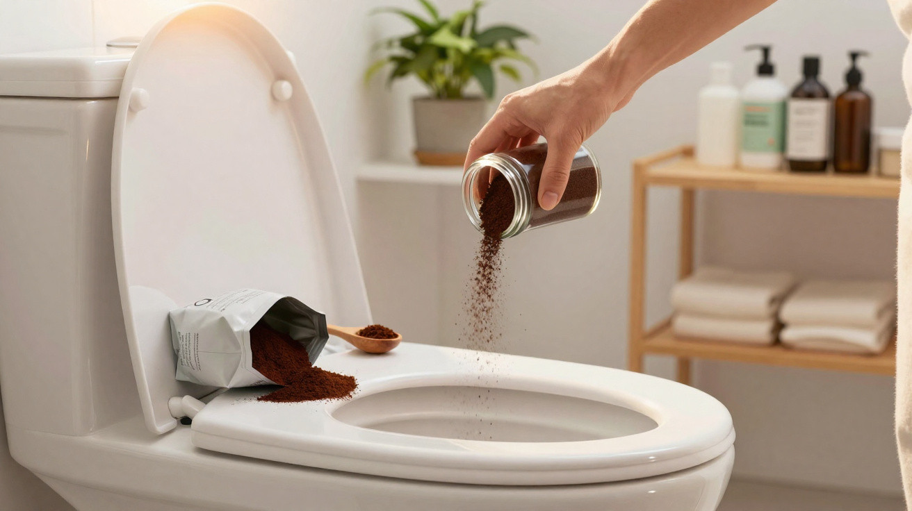 Hand pouring coffee grounds into a toilet bowl with a bag and spoon of grounds on the seat cover.