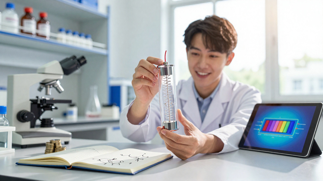 Scientist in lab coat examining a coil inside a transparent tube with a tablet and open notebook on the table.