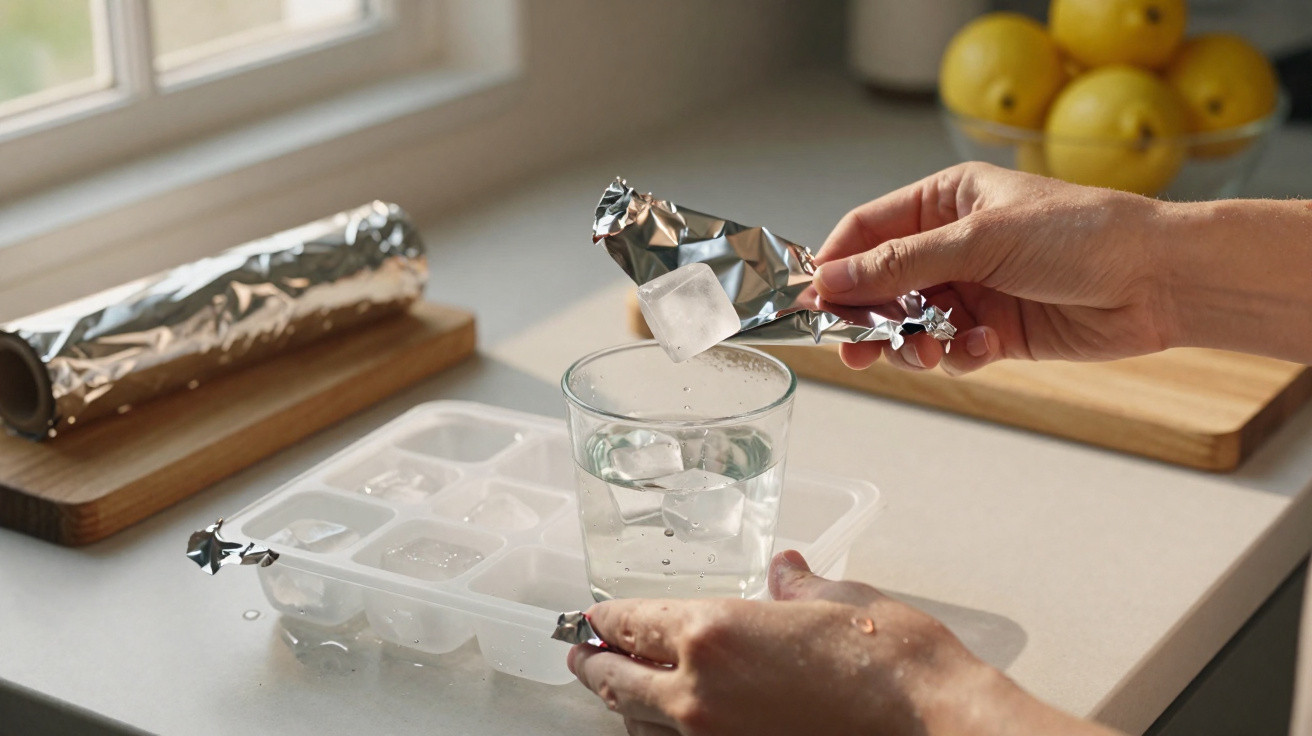 Person dropping an ice cube wrapped in aluminium foil into a glass of water on a kitchen counter.