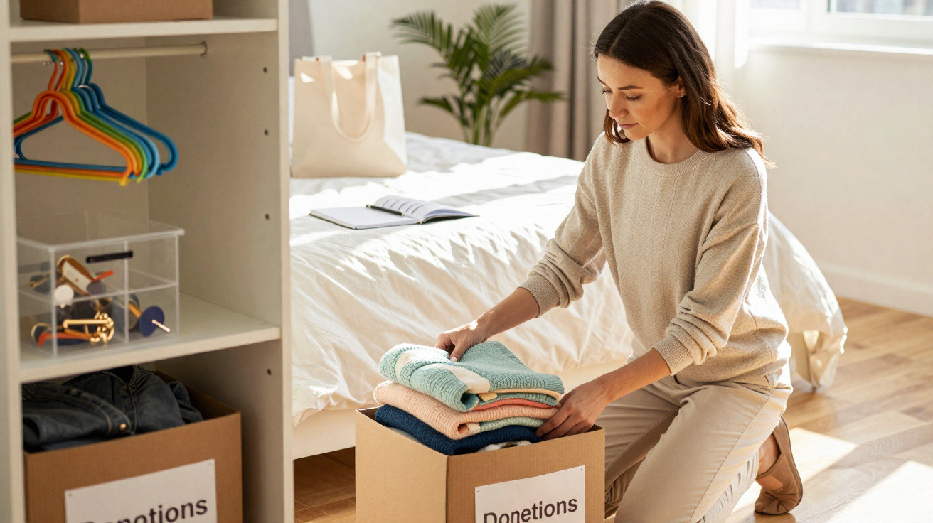 Woman kneeling by a box labelled donations, folding clothes in a bright tidy bedroom.
