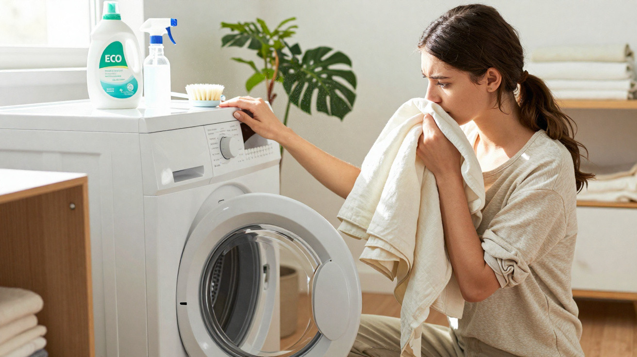 Woman smelling a white towel next to a washing machine with eco-friendly detergent on top in a bright laundry room.