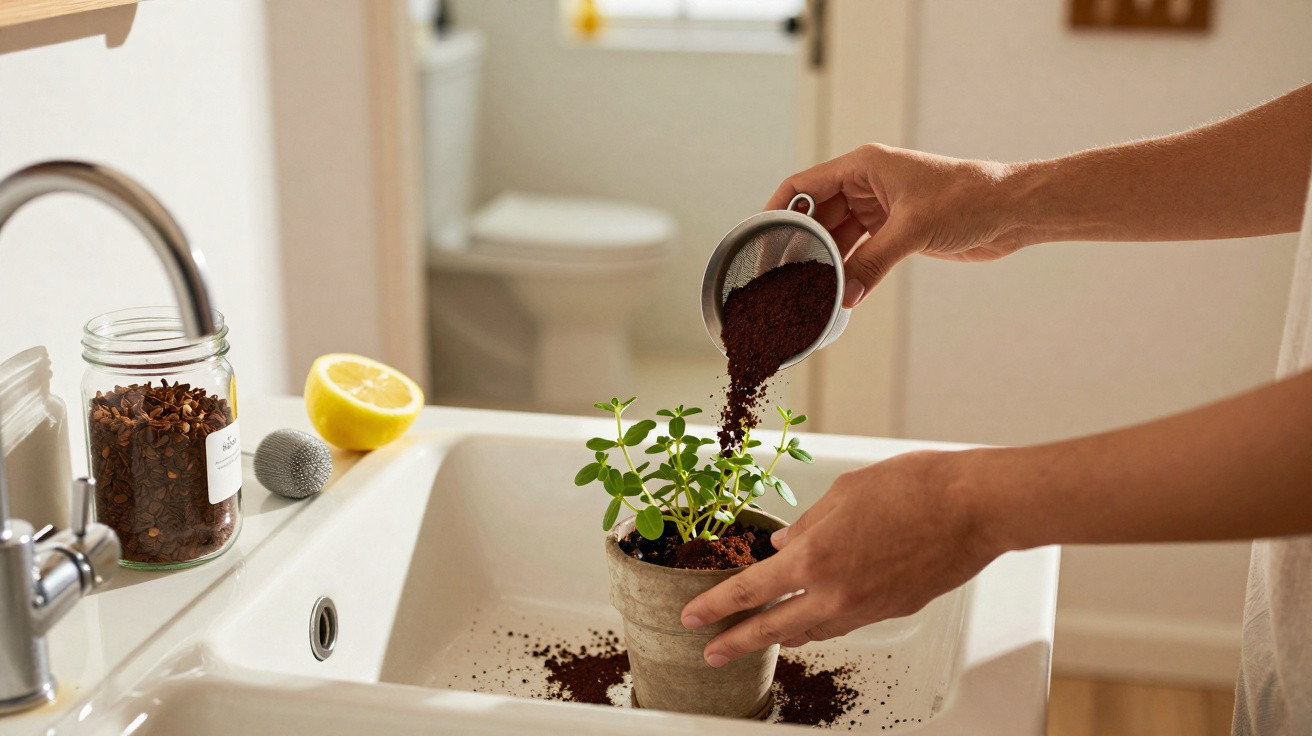 Person sprinkling coffee grounds into a potted plant in a white sink with jars and half a lemon nearby.