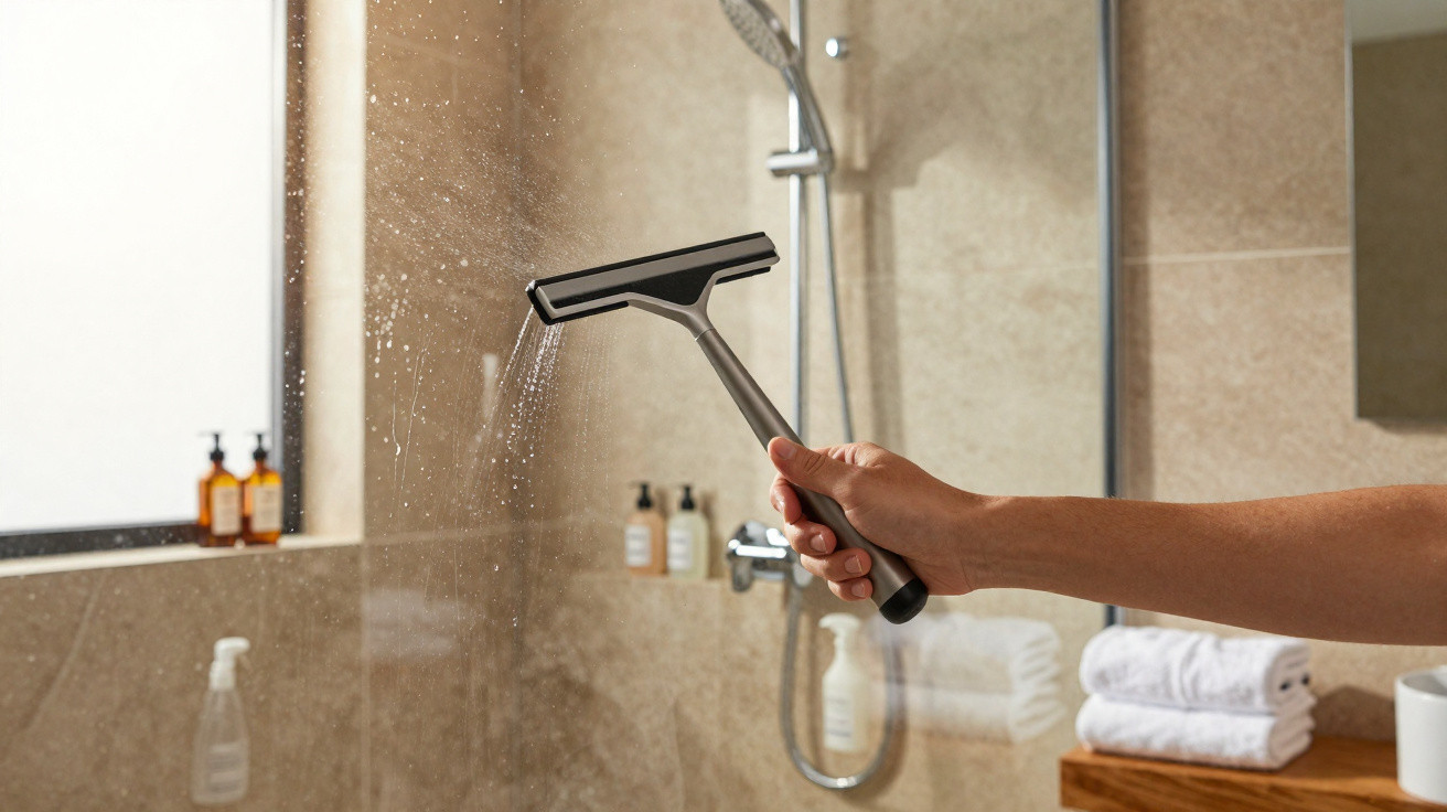Hand holding a squeegee cleaning water droplets off a glass shower door in a beige tiled bathroom.
