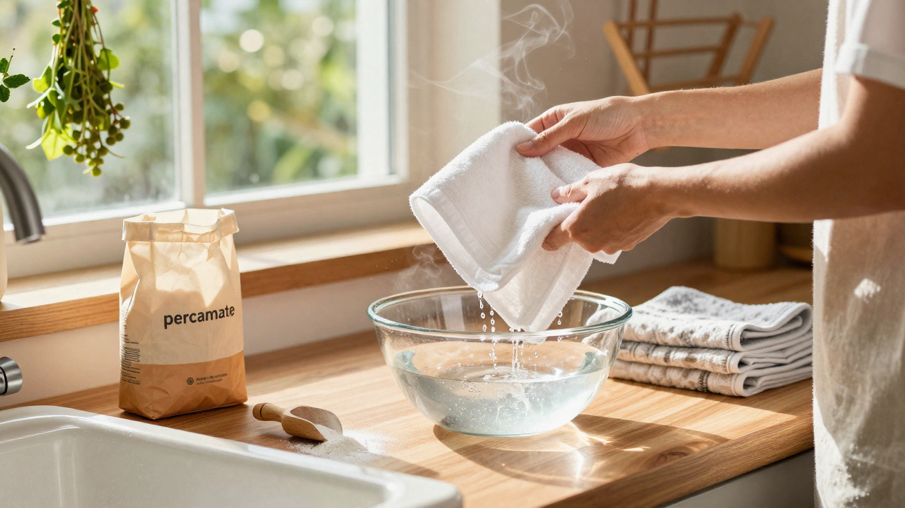 Person wringing out a white towel over a steaming glass bowl on a wooden kitchen countertop.