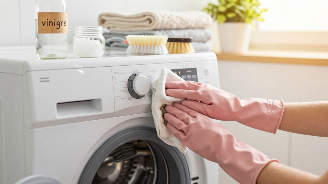 Hands wearing pink gloves cleaning a washing machine dial with a cloth in a bright laundry room.