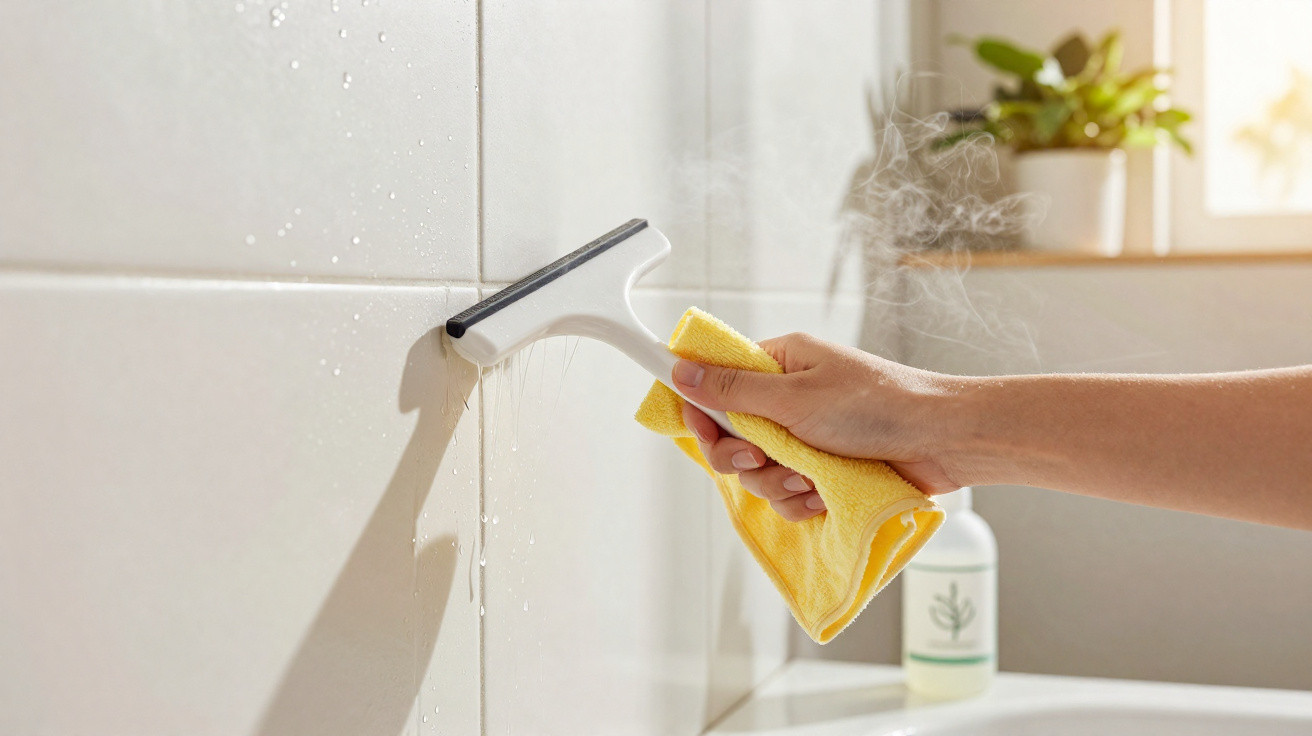 Hand cleaning a tiled bathroom wall with a squeegee and yellow cloth with steam rising nearby.
