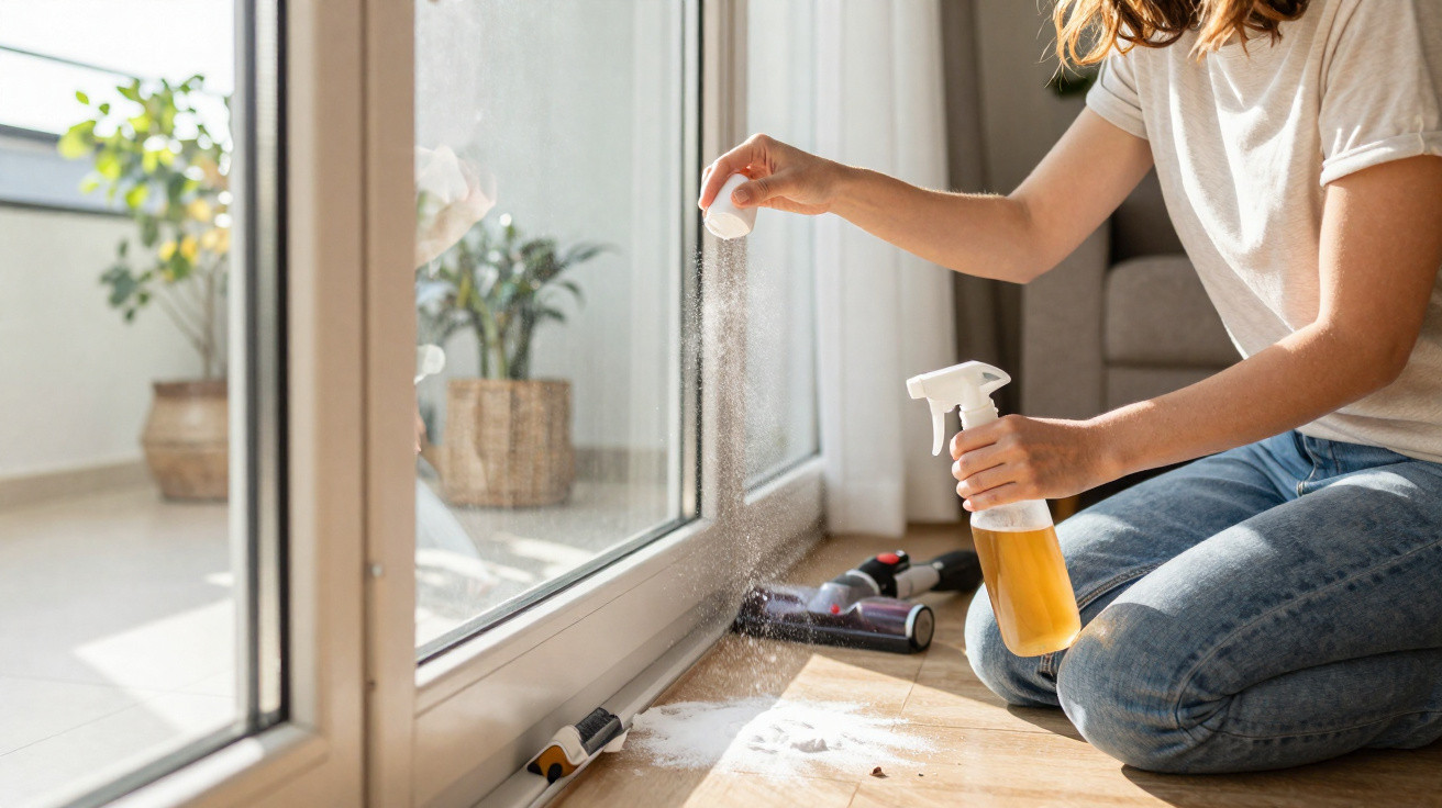 Person spraying cleaning solution and powder on floor near glass doors indoors