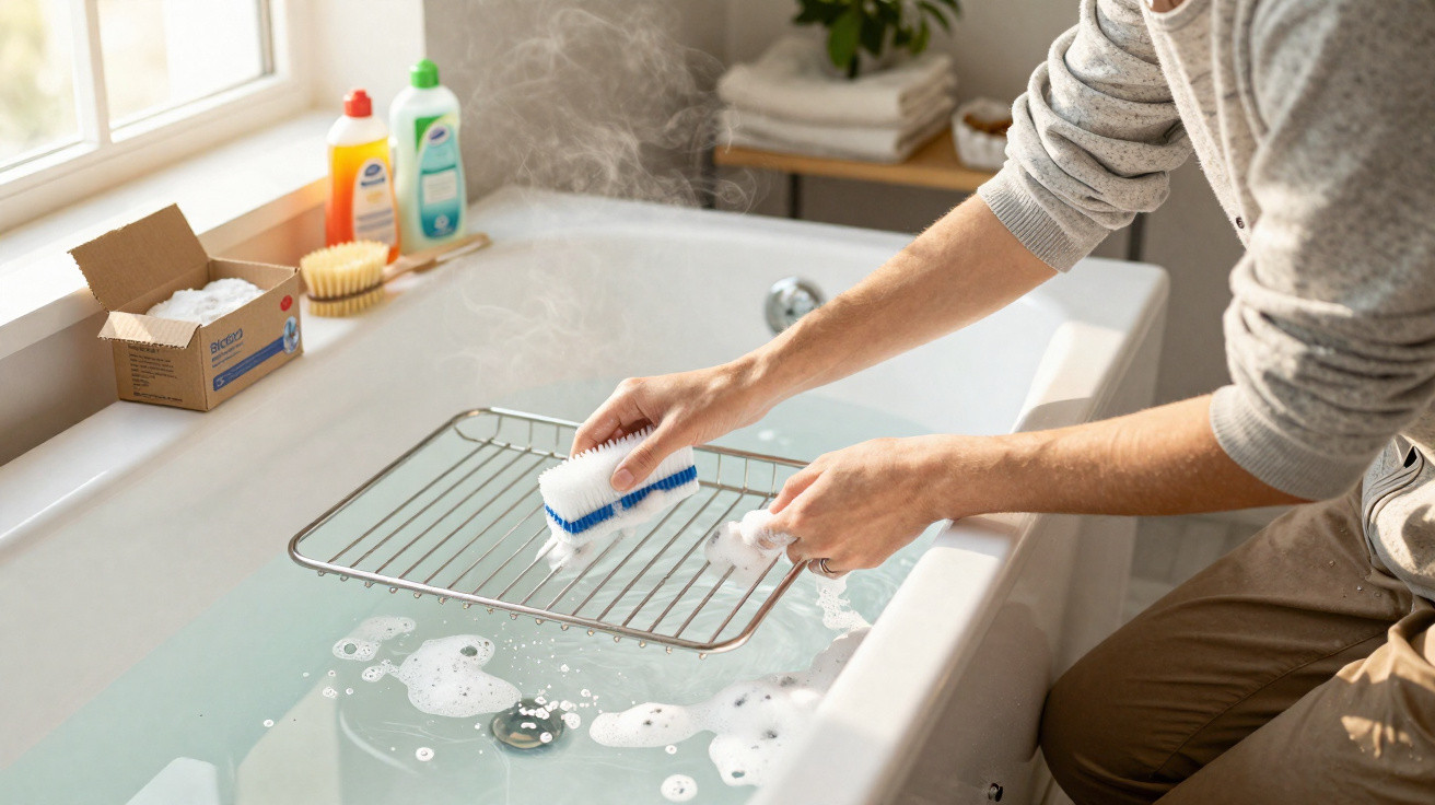 Person cleaning a metal oven rack with a brush over a steaming bathtub filled with soapy water.