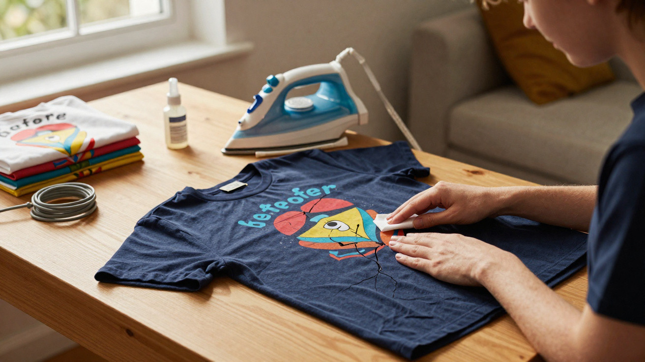 Person applying a heat transfer decal onto a navy blue t-shirt on a wooden table with an iron nearby.