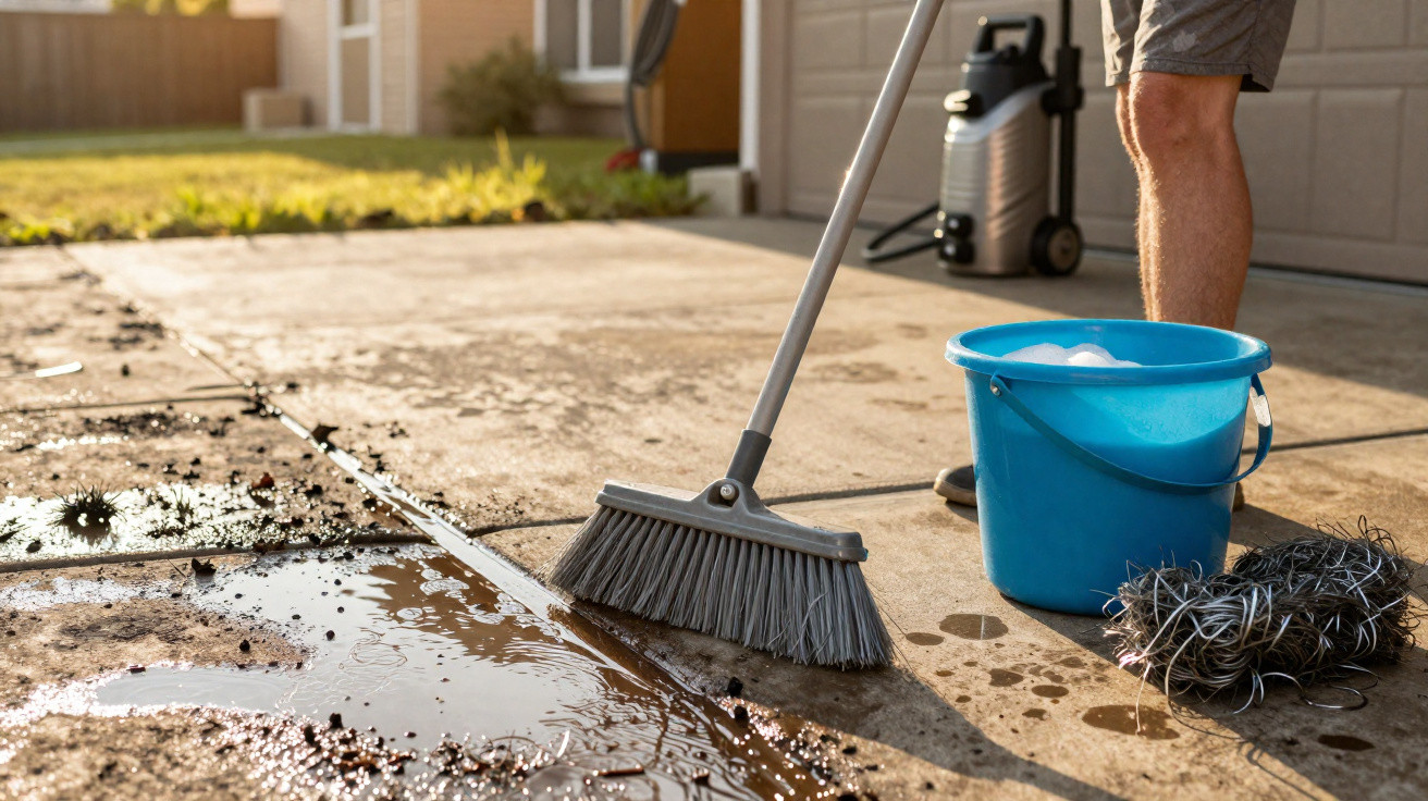 Person sweeping muddy water and debris on a driveway with a broom, blue bucket, and scrub brush nearby.