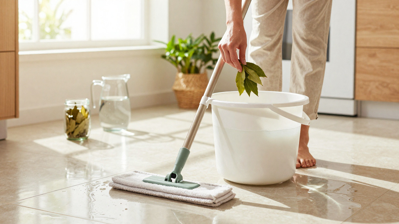 Person mopping a shiny tiled floor with water and bay leaves near a white bucket in a bright kitchen.