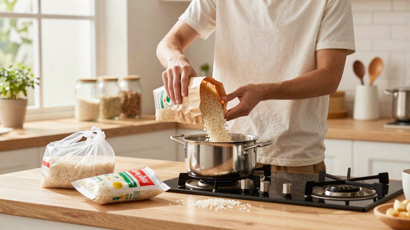 Person pouring rice from a paper bag into a pot on a gas stove in a bright kitchen.
