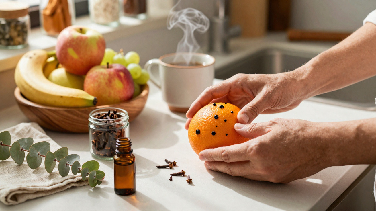 Hands studding an orange with cloves on a kitchen countertop with fruit bowl and steaming mug in background.