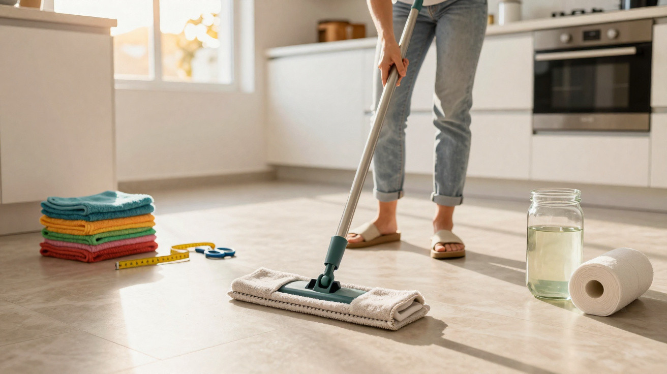 Person mopping a clean tiled kitchen floor with a flat mop, surrounded by folded towels, a jar, and a paper towel roll.