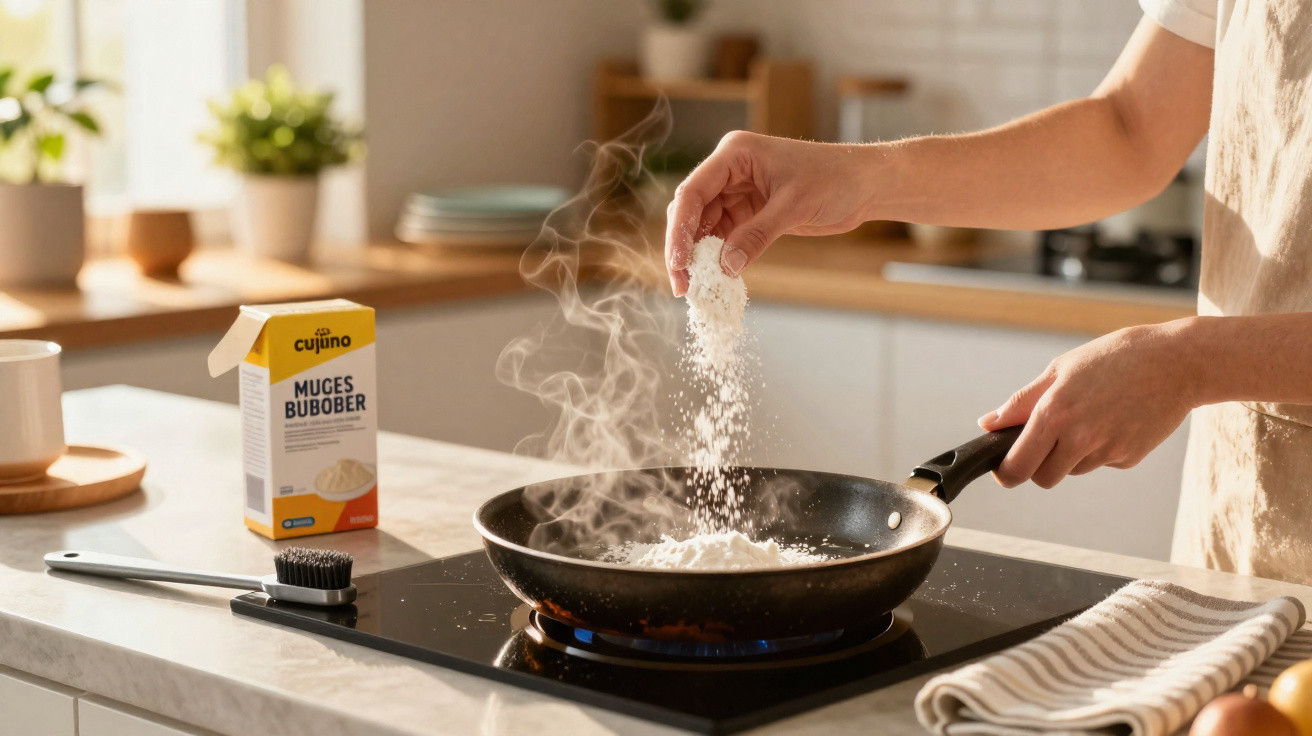 Person sprinkling flour into a hot frying pan on an induction hob in a bright kitchen.