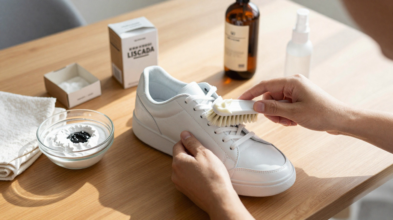 Person cleaning a white sneaker with a brush on a wooden table with cleaning supplies nearby.