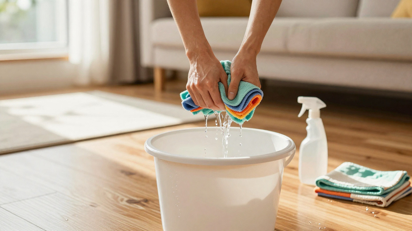 Hands wringing water from colourful cloths over a white bucket on a wooden floor in a living room.