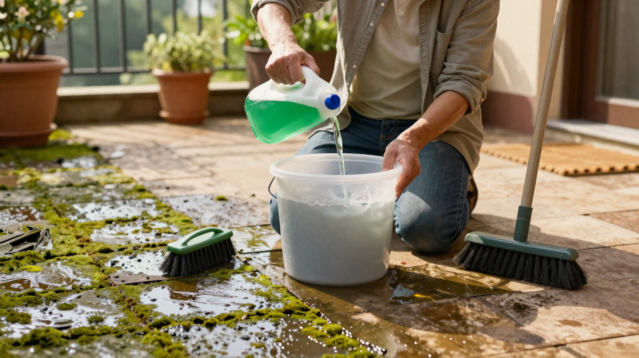 Person pouring cleaning liquid into a bucket beside brushes and mossy wet patio tiles outdoors.