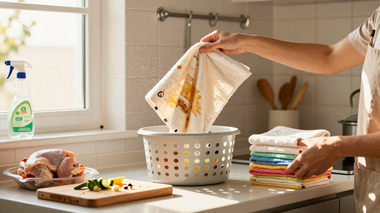 Person holding a dirty kitchen towel over a laundry basket with folded towels on a kitchen counter nearby.