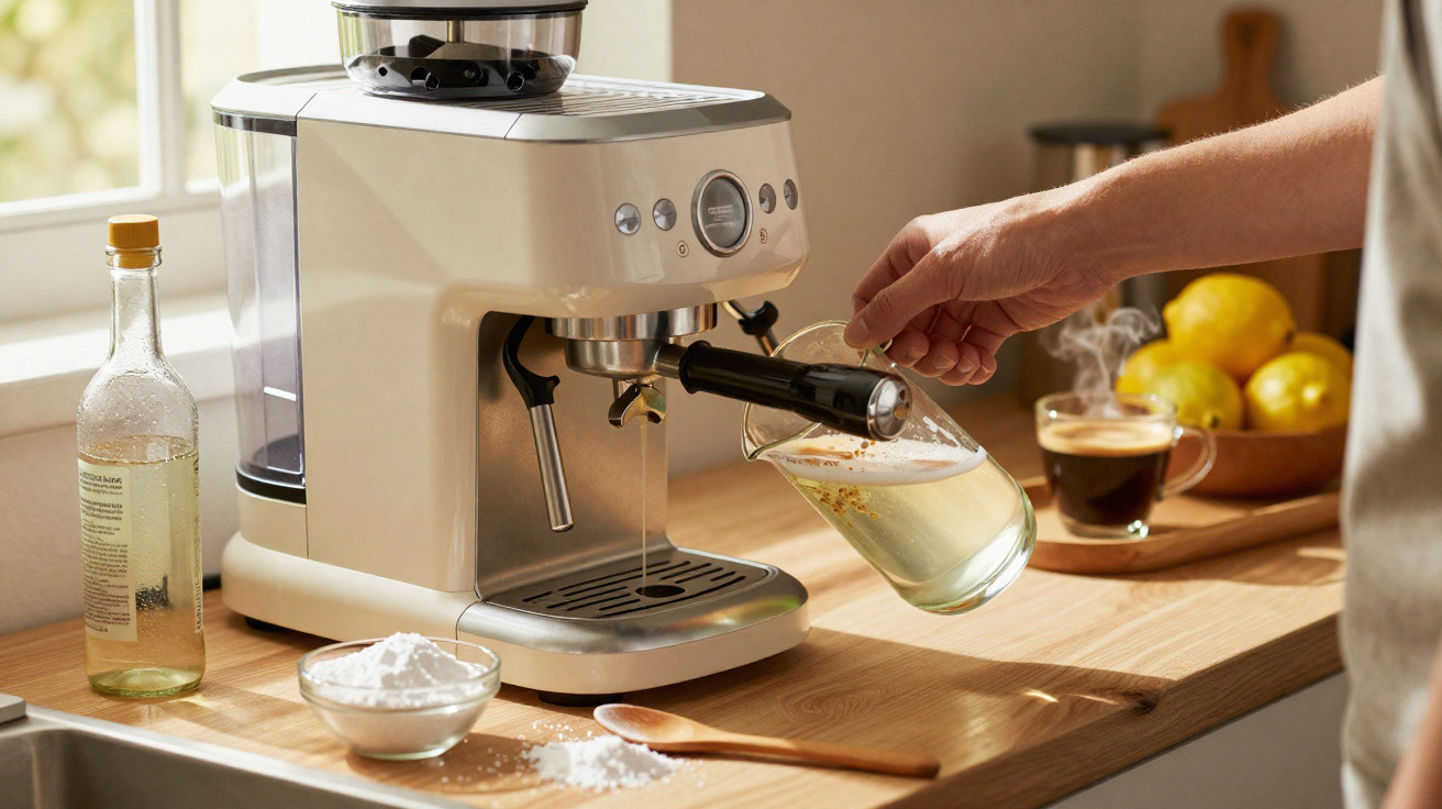 Person pouring water into a white espresso machine on a kitchen counter with ingredients and fruit bowl nearby.