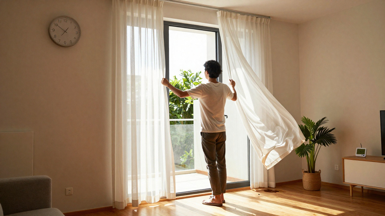 Man opening sheer curtains in a sunlit living room with a balcony and indoor plants.