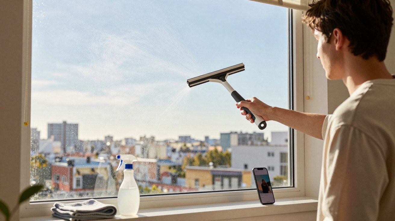 Man cleaning a large window with a squeegee on a sunny day, cityscape visible outside.