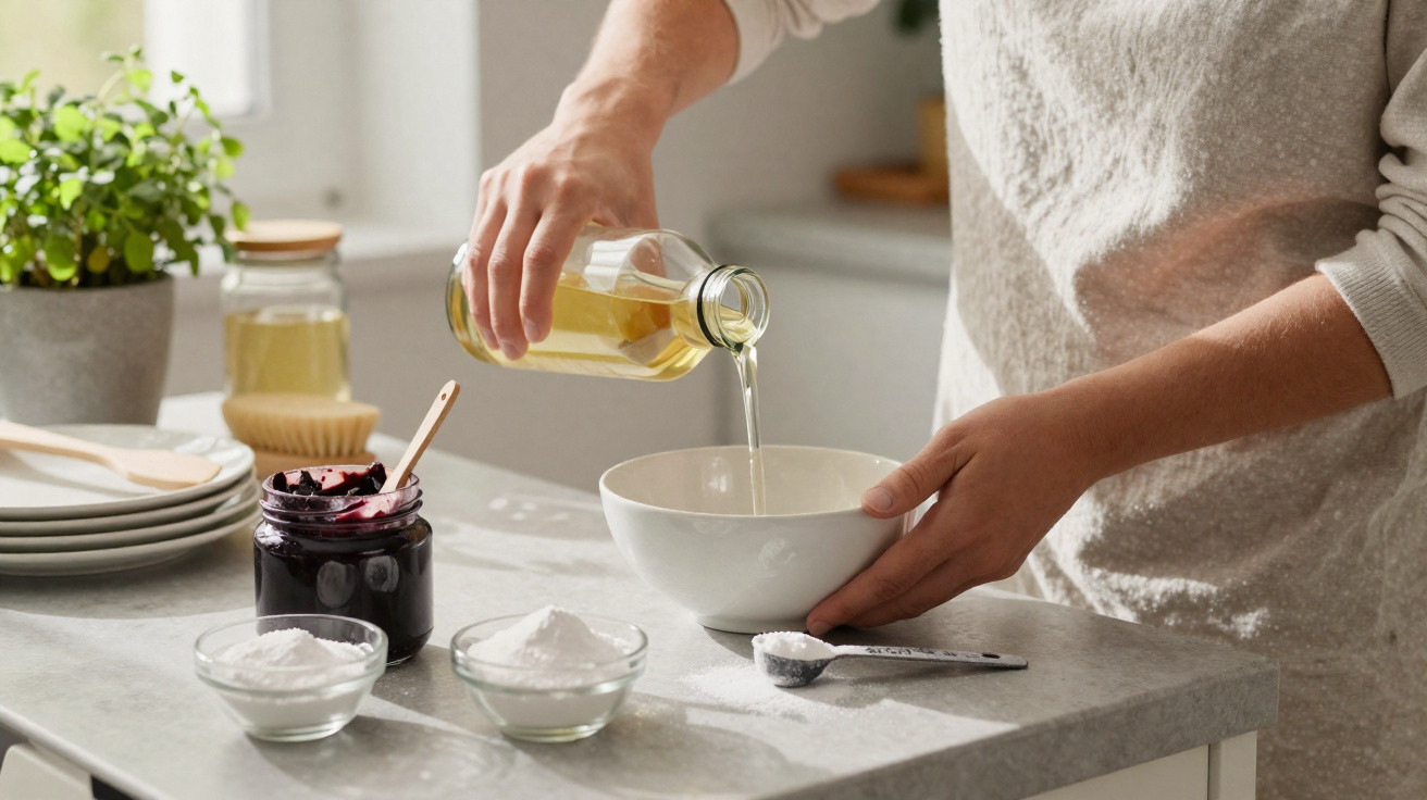 Person pouring oil into a bowl with baking ingredients on a kitchen counter nearby.