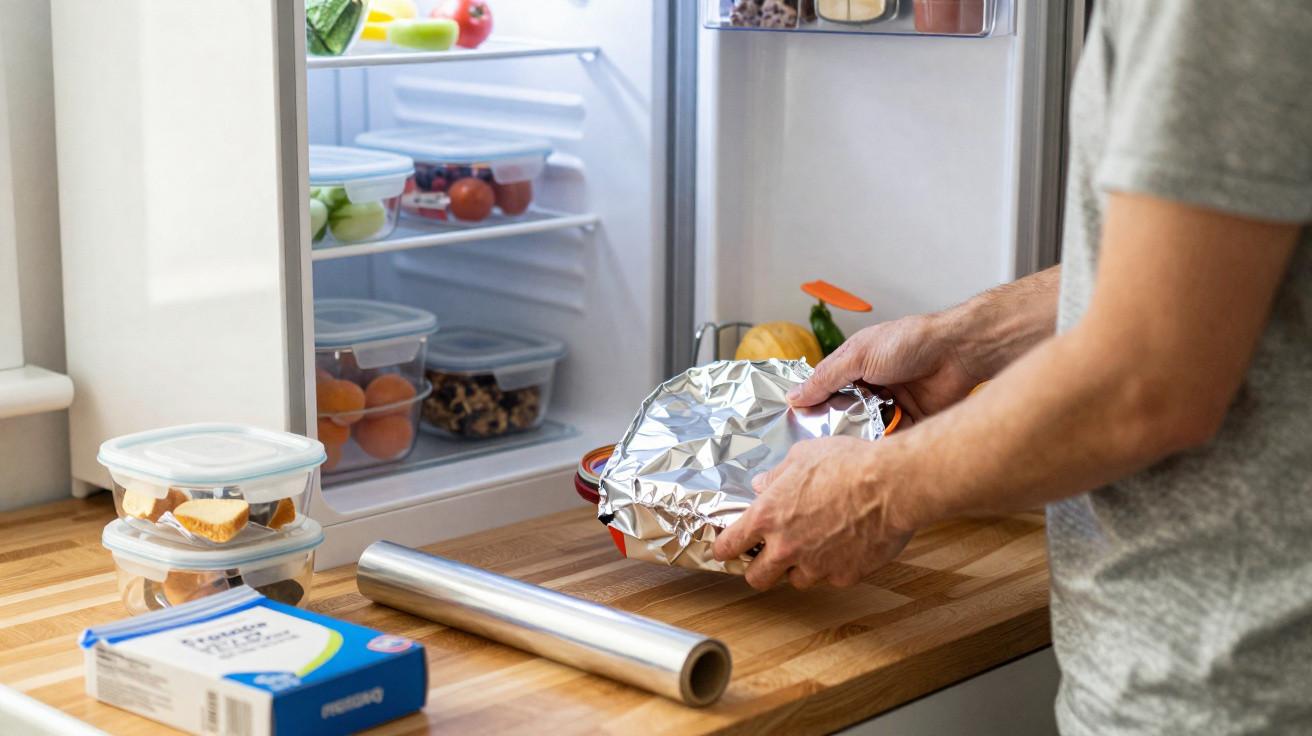 Person wrapping food with aluminium foil next to an open fridge filled with containers and fresh produce
