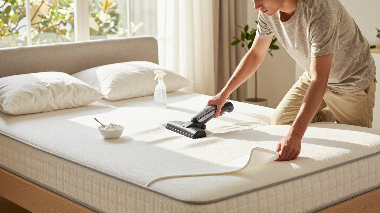 Person vacuuming a mattress topper on a bed in a bright, sunlit bedroom.