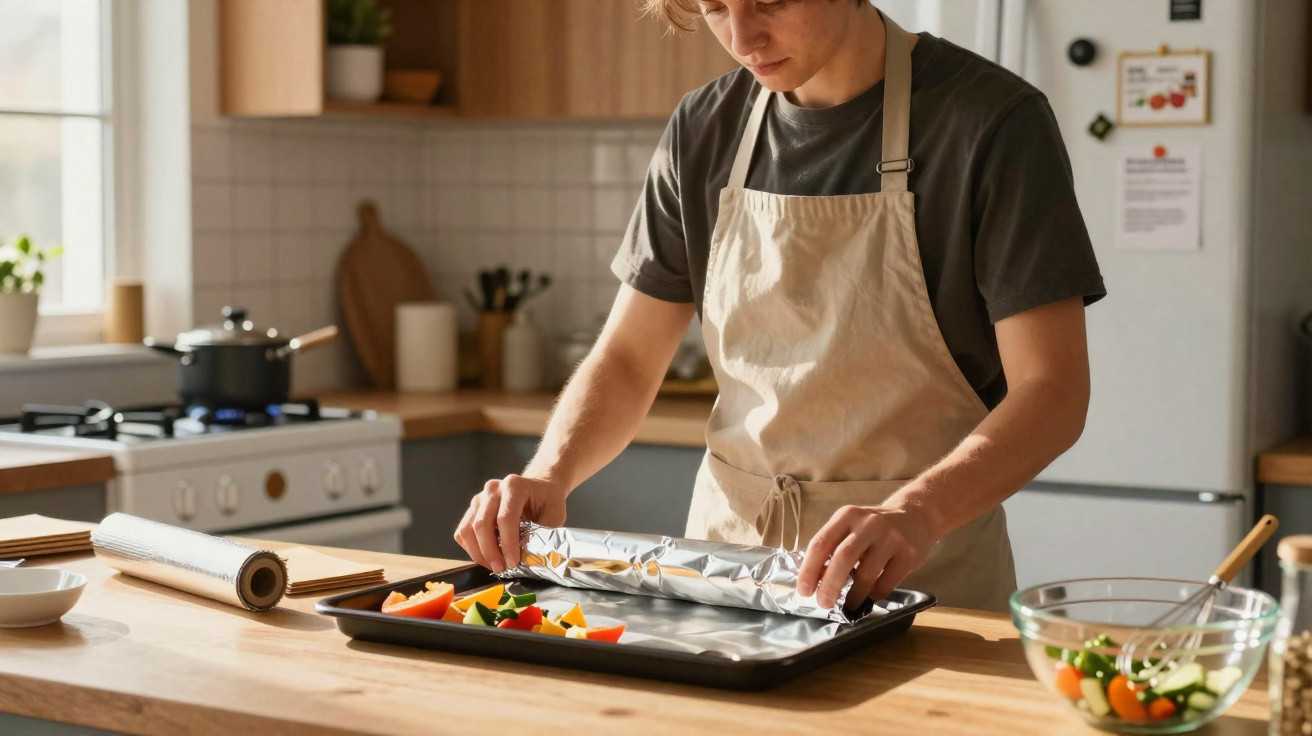 Person in apron wrapping a tray of chopped vegetables in foil on a wooden kitchen counter.