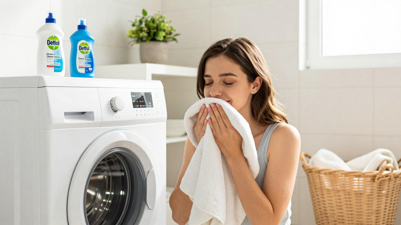 Woman smelling a clean white towel near a washing machine with Dettol detergent bottles on top.