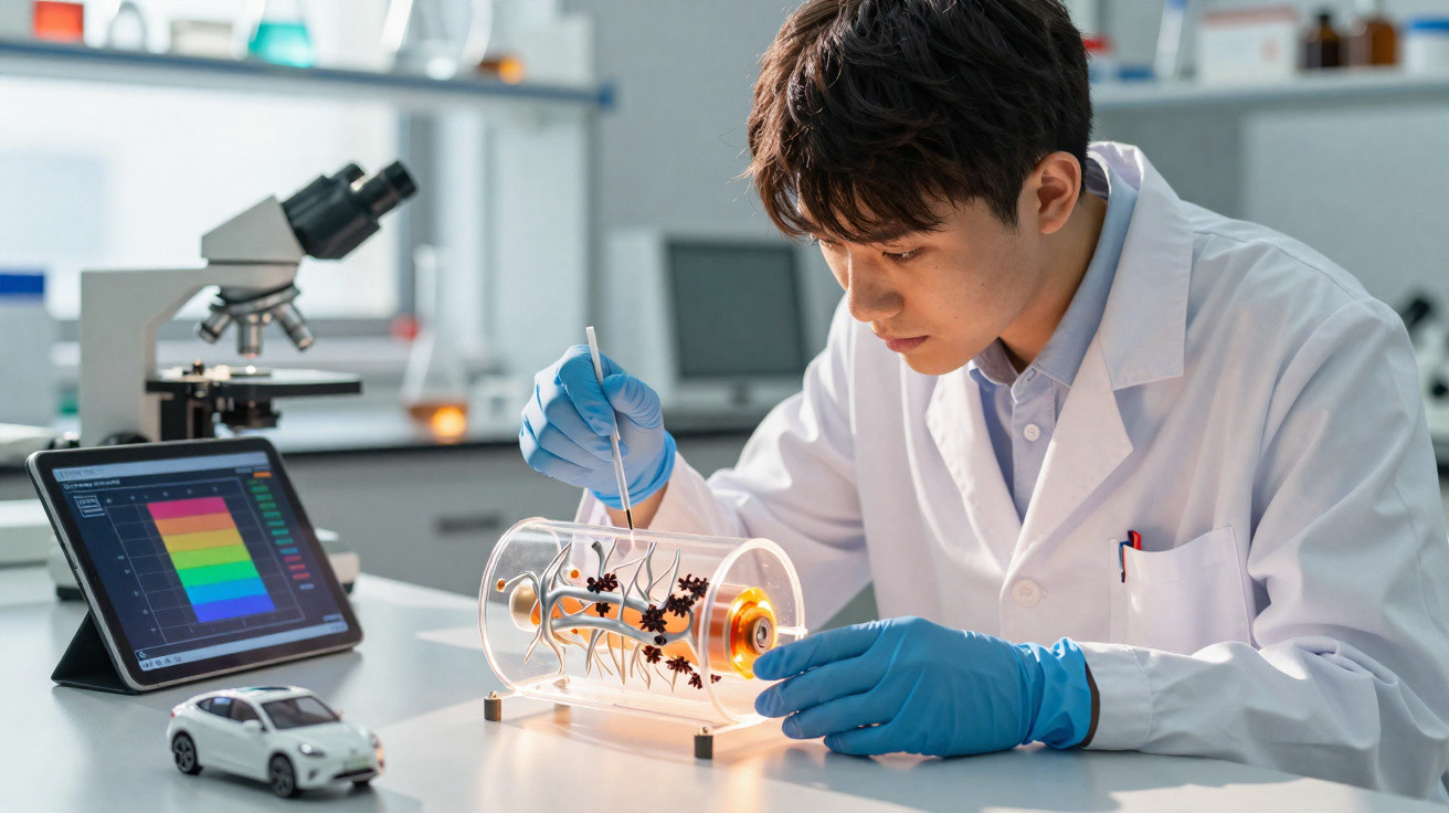 Scientist in lab coat and gloves examining a plant specimen inside a cylindrical transparent container with a tablet and toy 