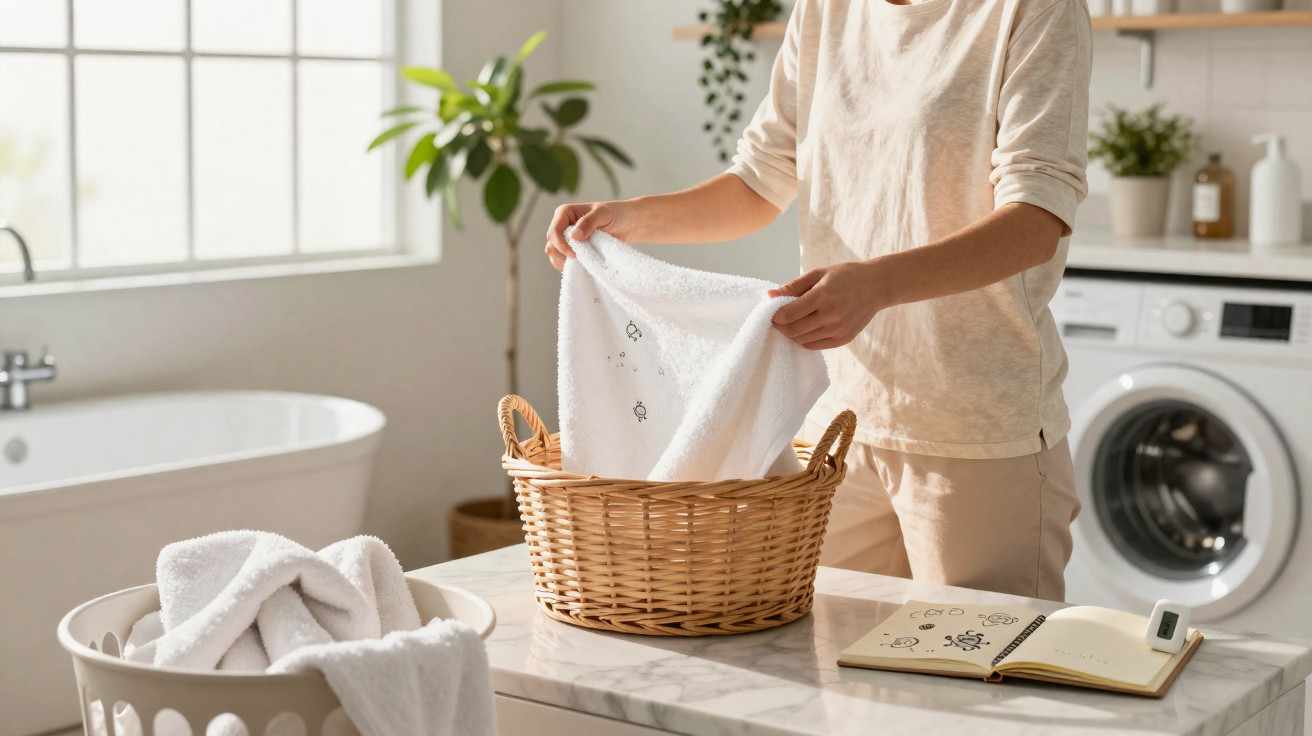 Person folding a white towel over a wicker basket in a bright laundry room with a washing machine nearby.