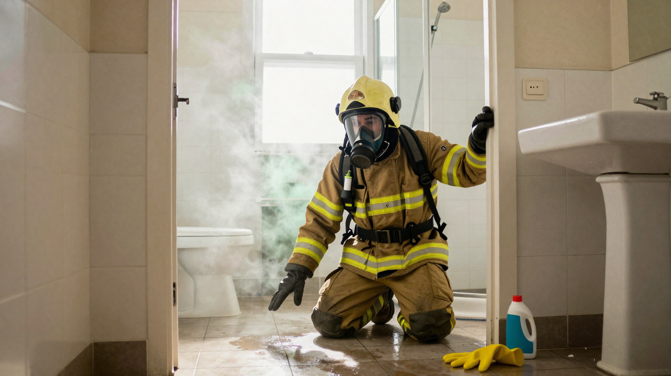 Firefighter in full gear kneeling in a smoke-filled bathroom, inspecting the floor near cleaning gloves and detergent.