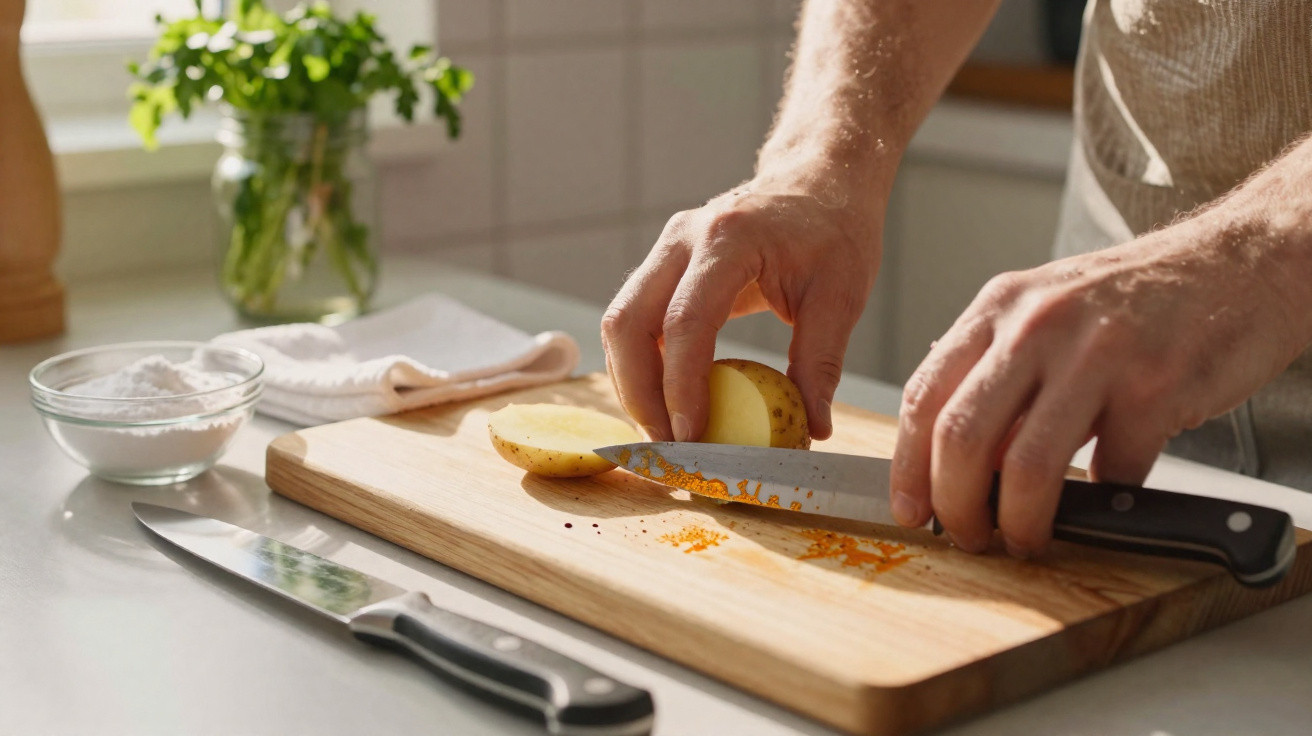 Person slicing a potato on a wooden chopping board in a bright kitchen with herbs and a bowl nearby.