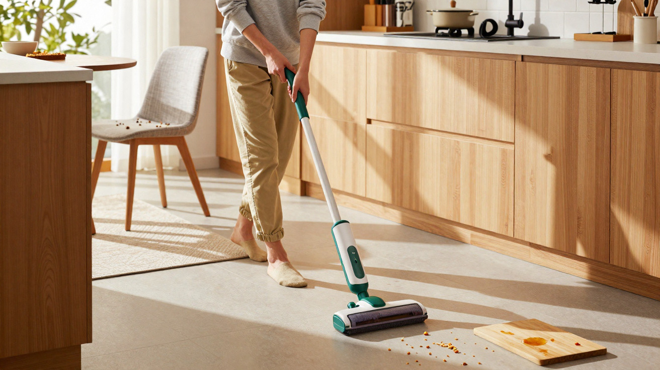 Person using an electric floor mop to clean spilled food in a bright kitchen with wooden cabinets.