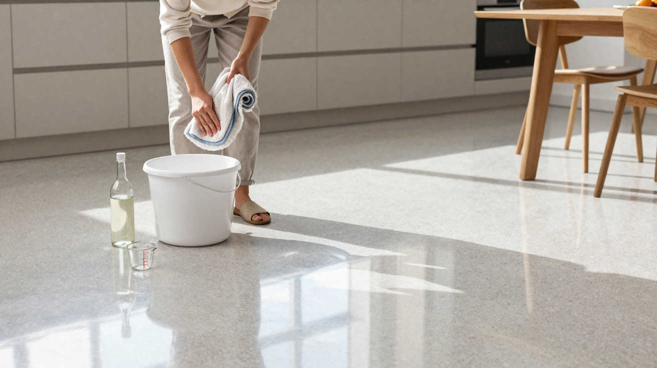 Person preparing to mop a bright kitchen floor with a white bucket, cloth, and cleaning liquids nearby.