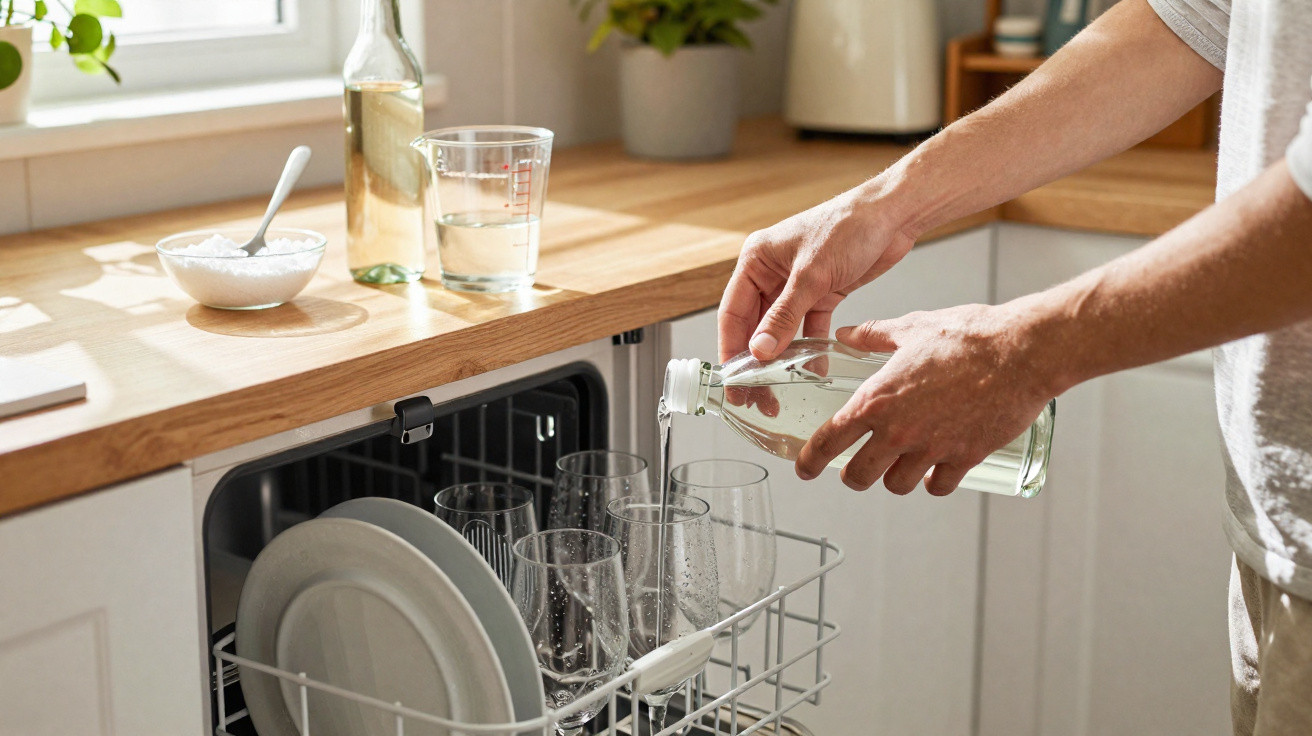 Person pouring vinegar into a dishwasher filled with plates and glassware in a bright kitchen.
